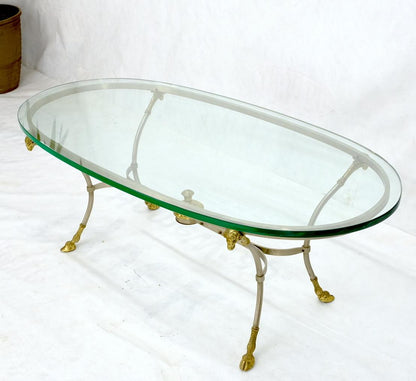 Oval Glass Top Brass & Chrome Hoof Feet Coffee Table Jansen Style