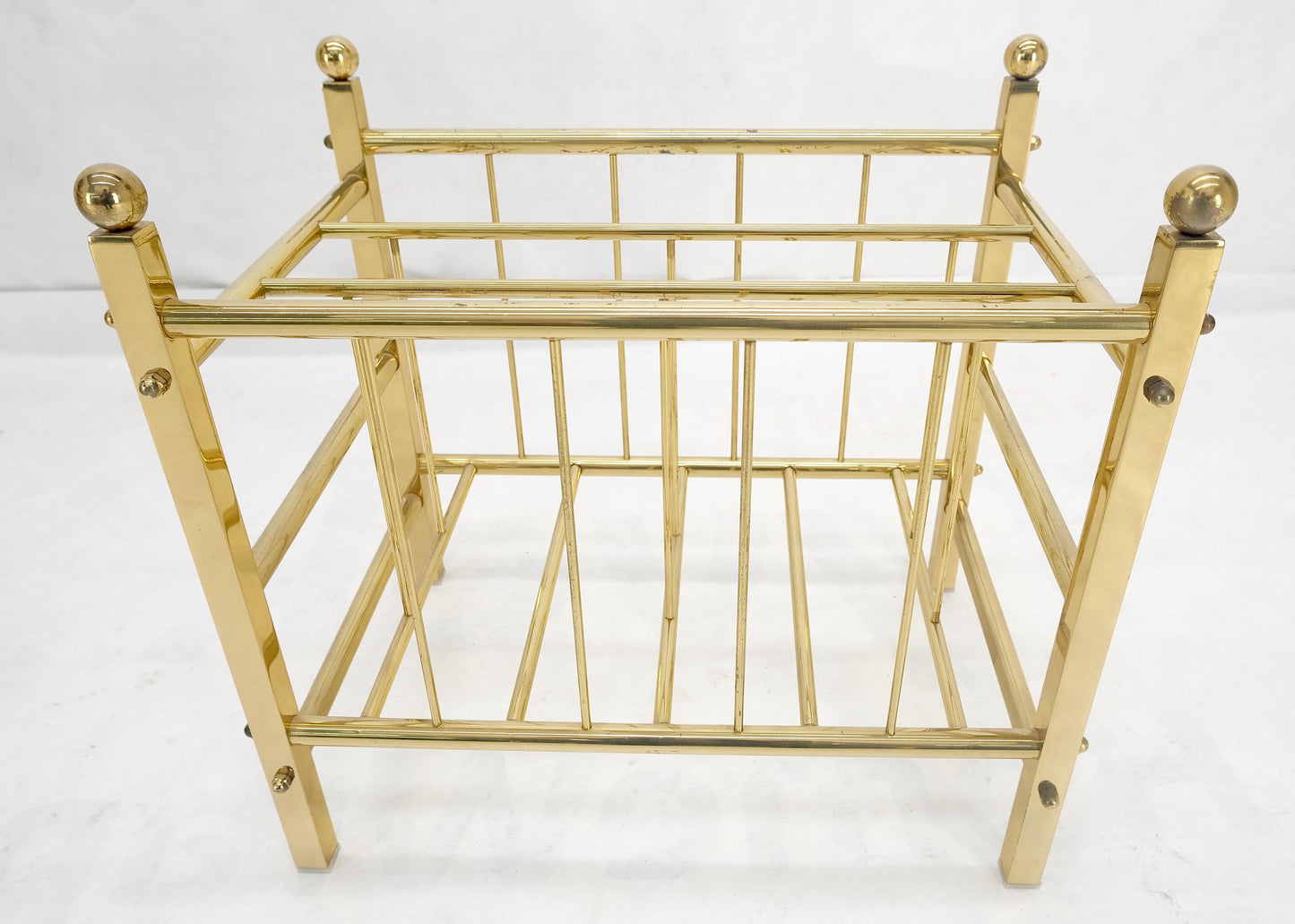 Solid Brass Tube Vintage Mid Century Modern Caddy Magazine Rack Ball Finial MINT