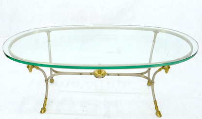 Oval Glass Top Brass & Chrome Hoof Feet Coffee Table Jansen Style