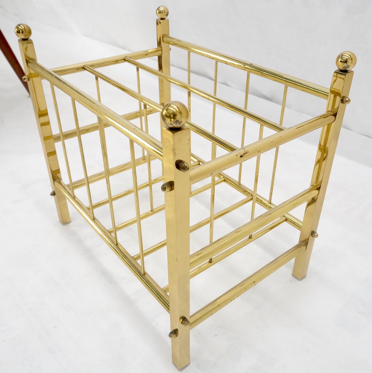 Solid Brass Tube Vintage Mid Century Modern Caddy Magazine Rack Ball Finial MINT