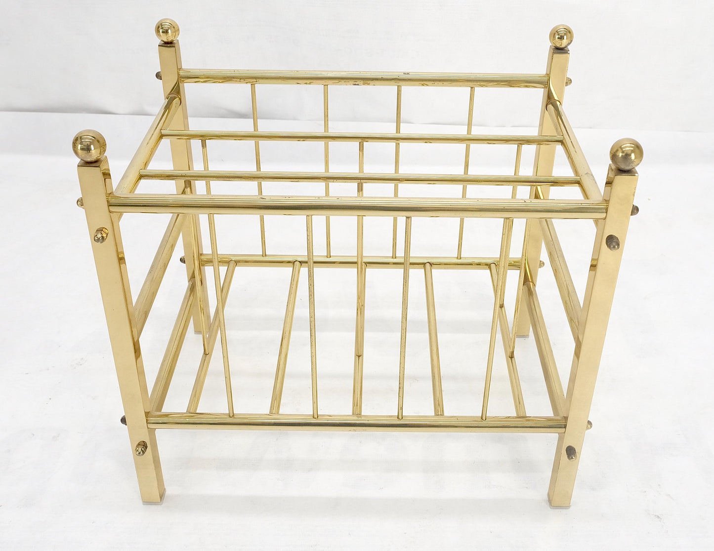 Solid Brass Tube Vintage Mid Century Modern Caddy Magazine Rack Ball Finial MINT