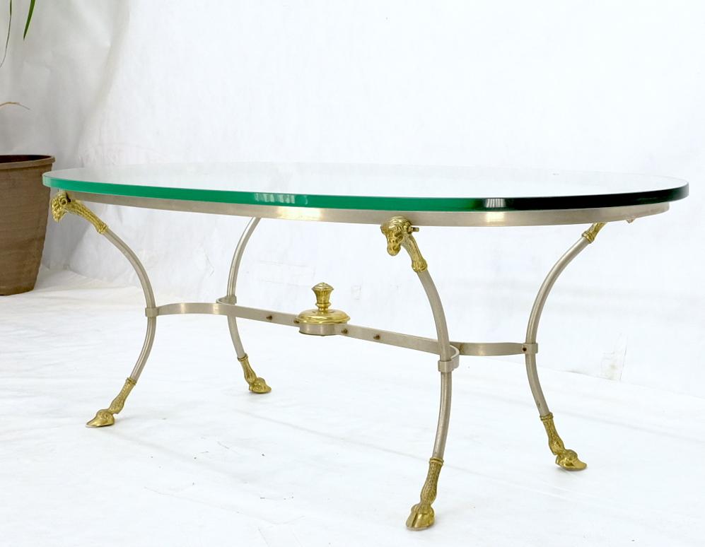 Oval Glass Top Brass & Chrome Hoof Feet Coffee Table Jansen Style