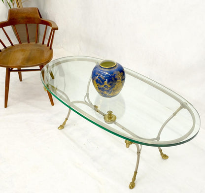 Oval Glass Top Brass & Chrome Hoof Feet Coffee Table Jansen Style