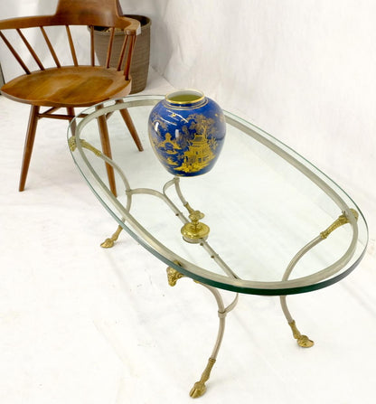 Oval Glass Top Brass & Chrome Hoof Feet Coffee Table Jansen Style