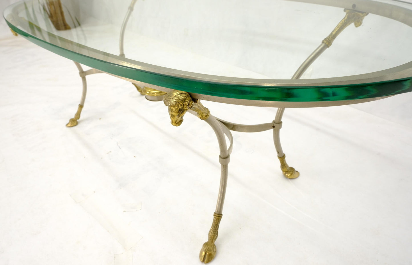 Oval Glass Top Brass & Chrome Hoof Feet Coffee Table Jansen Style