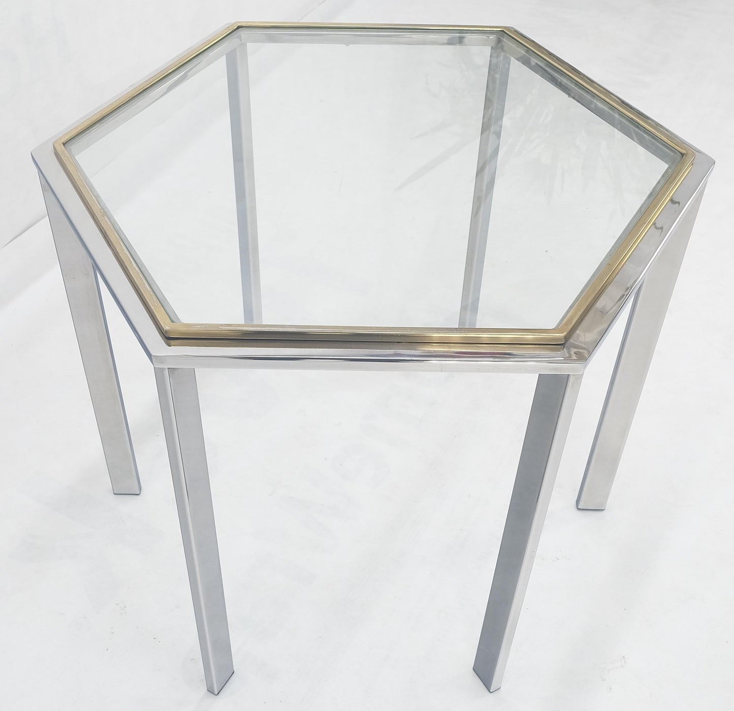 Hexagon Shape Chrome Brass & Glass 22" Tall Occasional Side Table Stand MINT!