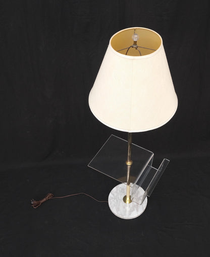 Round Marble Base Brass Floor lamp Integrated Lucite Table Magazine Rack MINT!