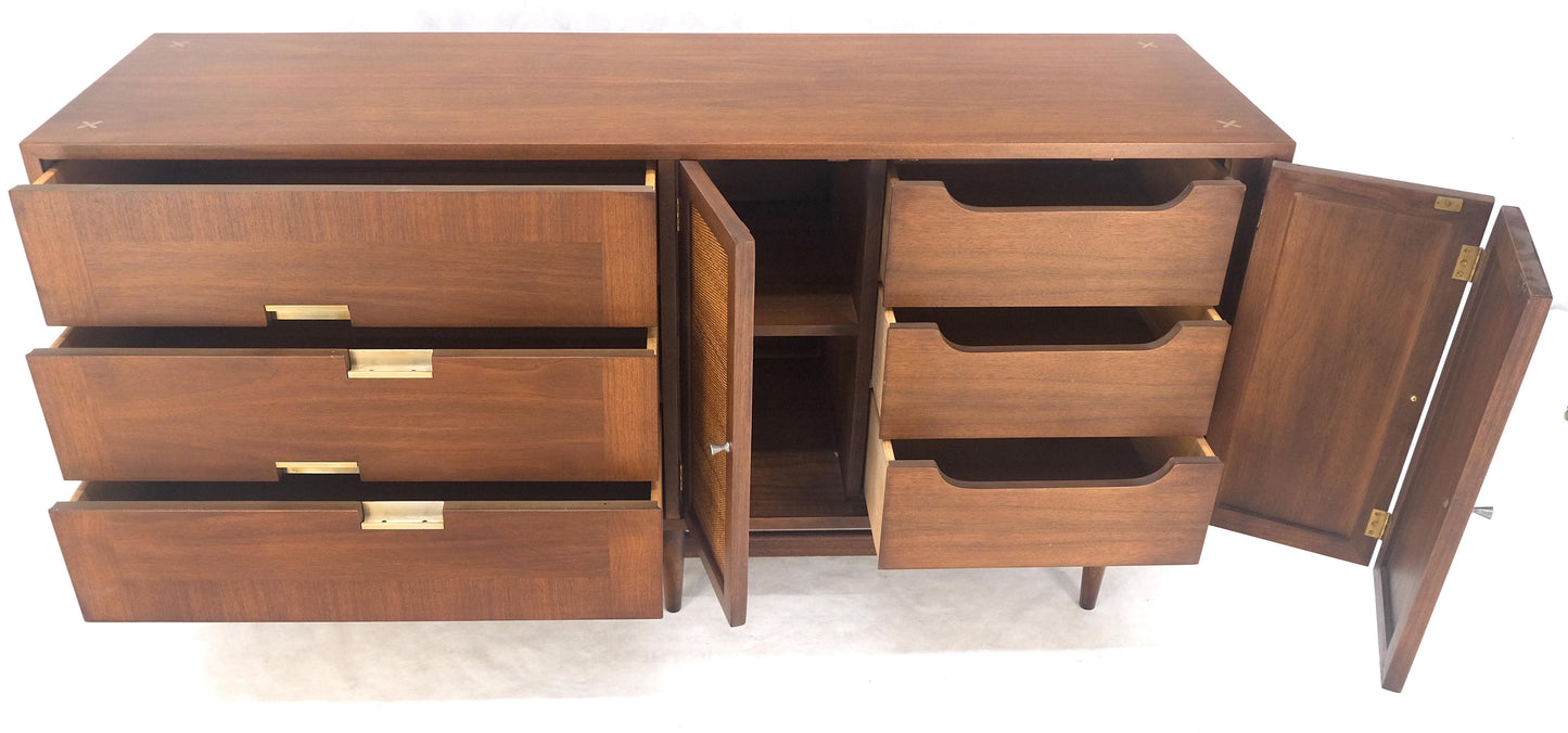 Mid Century Modern Light Walnut Cane Doors 6 Drawers Compact Dresser MINT!