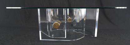 Thick Bent Polished Lucite Gold Buttons Base Glass Top Mid Century Coffee Table