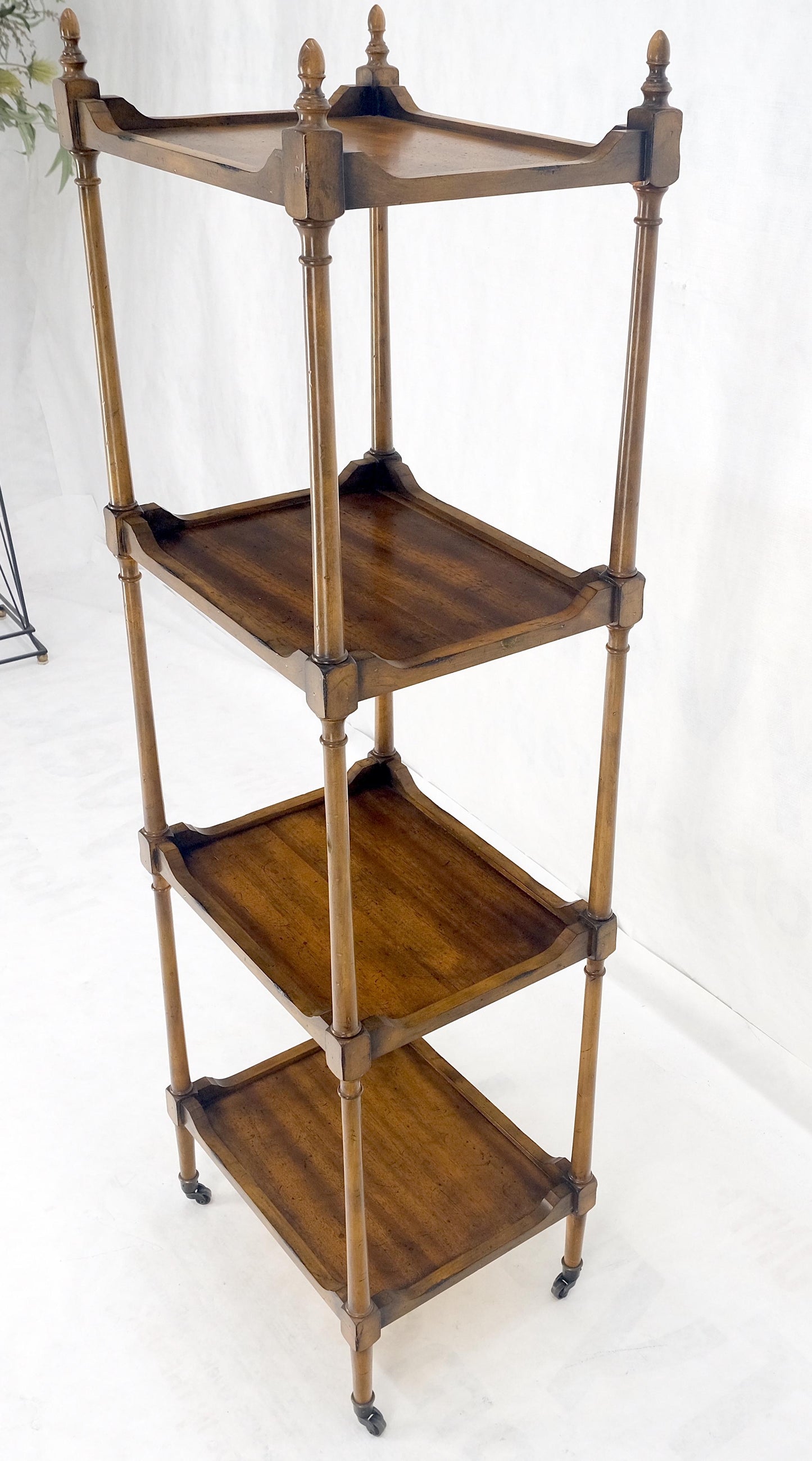 Compact 14x18 Turned Poster Style 4 tier Etagere Shelving Unit w/ Finials MINT!