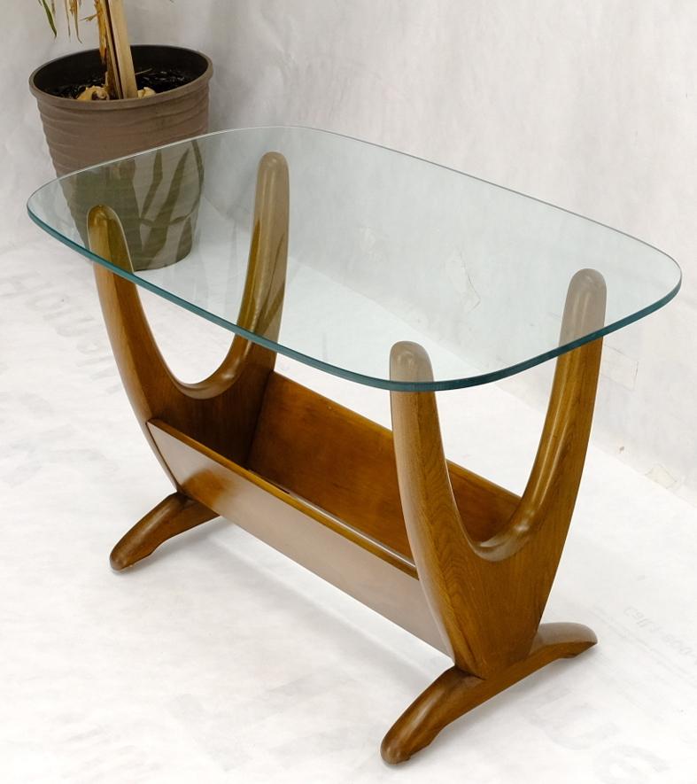 Mid-Century Modern Sculptural Wood & Glass Top End Side Table Stand