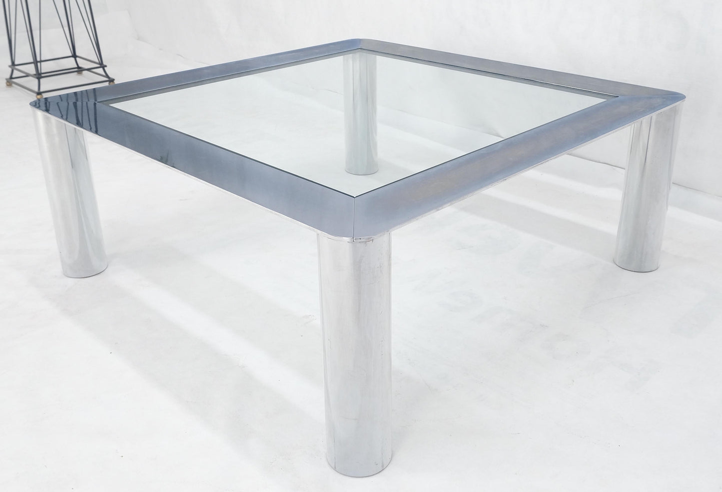 Bauhaus Polished Stainless Steel Chrome 36" Square Glass Top Coffee Table  MINT!