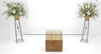 Travertine Leather Single Pedestal Glass Top Mid century Modern Rectangle Table