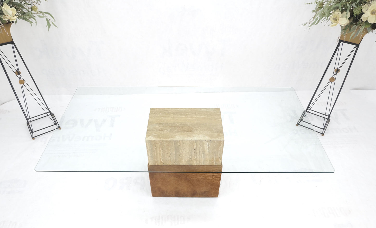 Travertine Leather Single Pedestal Glass Top Mid century Modern Rectangle Table