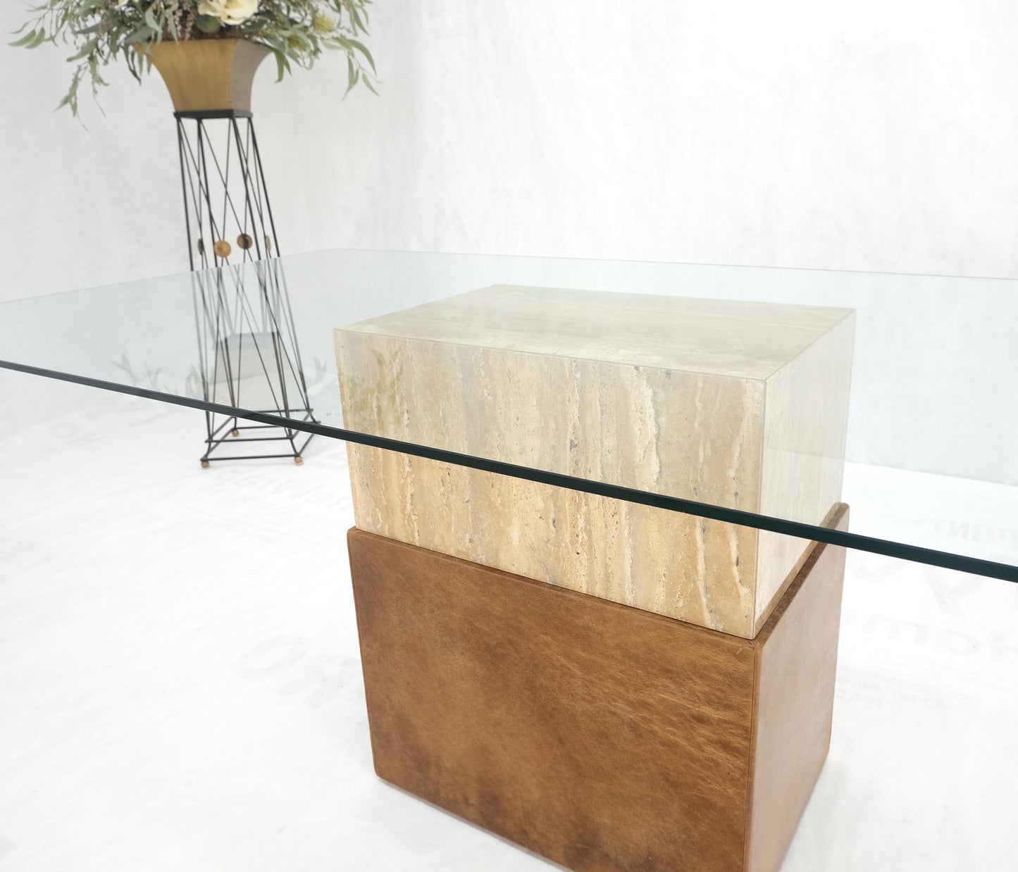 Travertine Leather Single Pedestal Glass Top Mid century Modern Rectangle Table