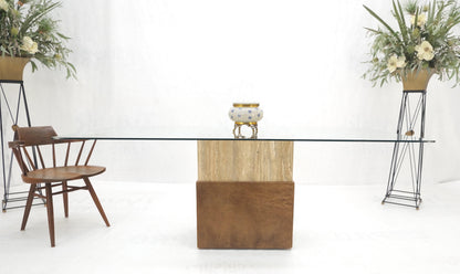 Travertine Leather Single Pedestal Glass Top Mid century Modern Rectangle Table