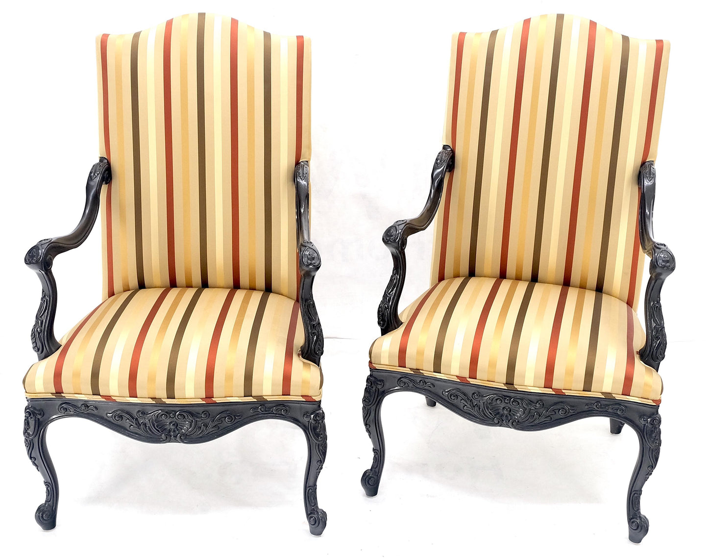 Pair of Carved Mahogany Striped Silk Upholstery Fireside Arm Lounge Chairs MINT!