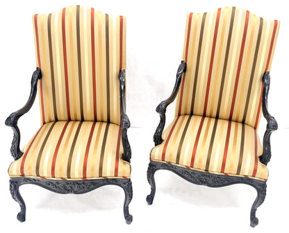 Pair of Carved Mahogany Striped Silk Upholstery Fireside Arm Lounge Chairs MINT!