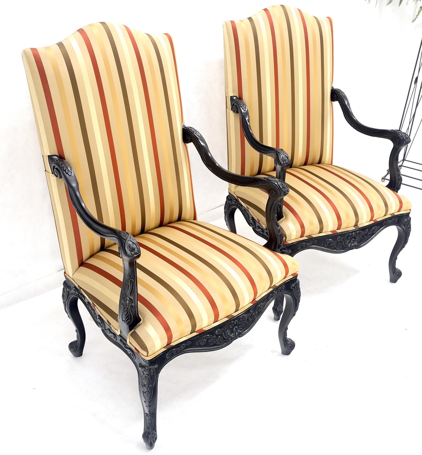 Pair of Carved Mahogany Striped Silk Upholstery Fireside Arm Lounge Chairs MINT!