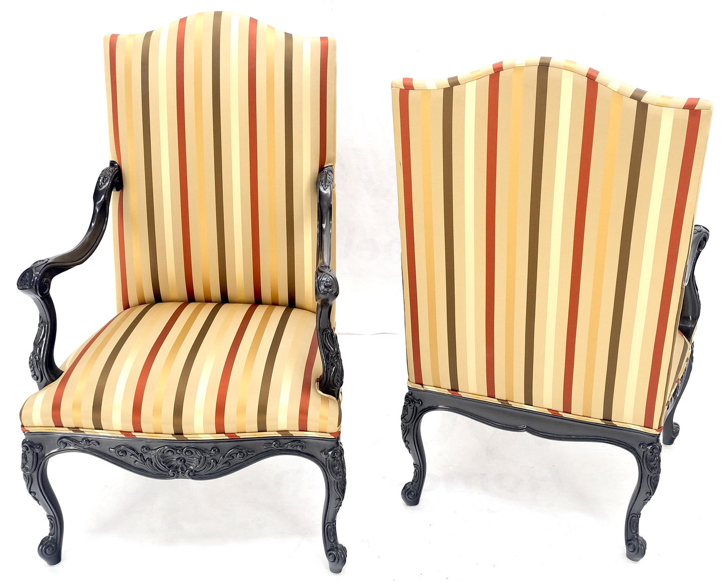 Pair of Carved Mahogany Striped Silk Upholstery Fireside Arm Lounge Chairs MINT!