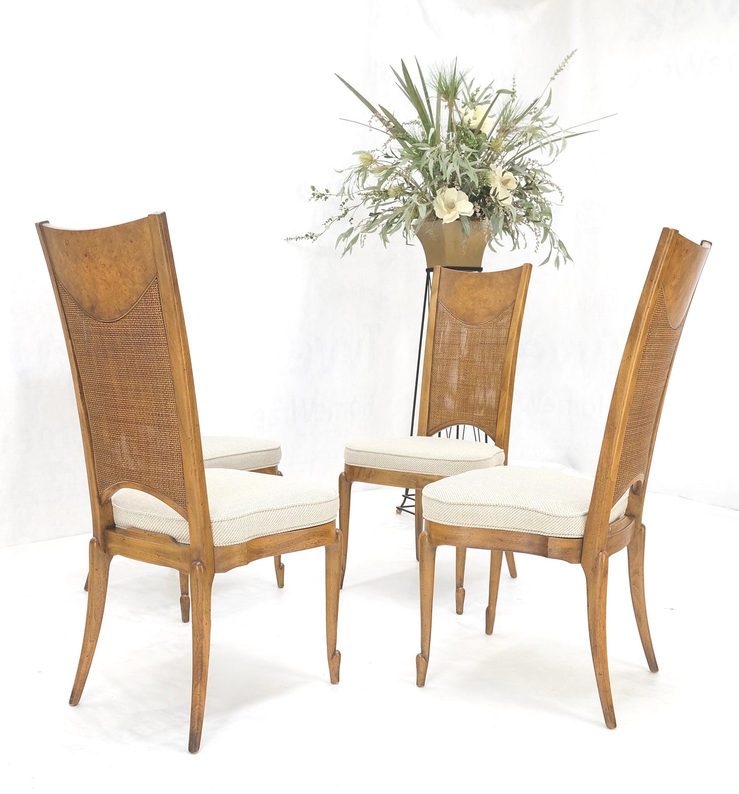 Set 4 Burl Wood Cane Back NEW Upholstery Dining Chairs Mid Century Modern MINT!