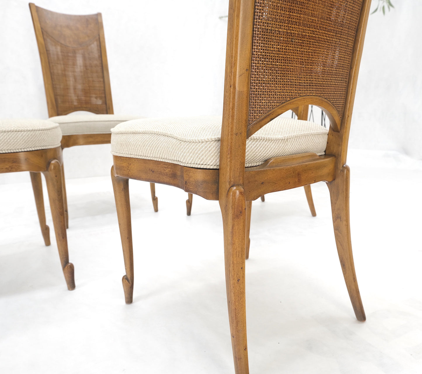 Set 4 Burl Wood Cane Back NEW Upholstery Dining Chairs Mid Century Modern MINT!