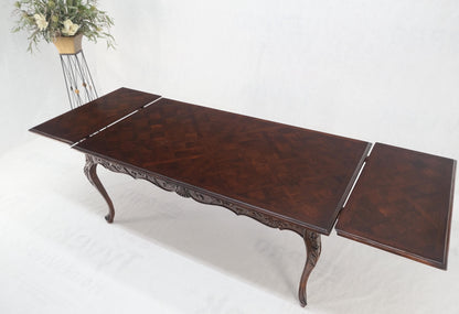 Large French Walnut Refectory Two Leaves Parquetry Carved Top Dining Room Table