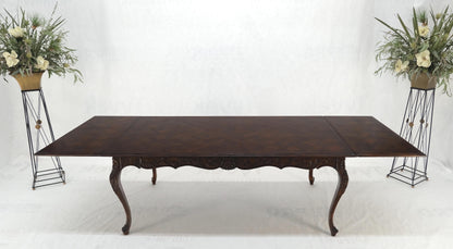 Large French Walnut Refectory Two Leaves Parquetry Carved Top Dining Room Table