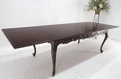 Large French Walnut Refectory Two Leaves Parquetry Carved Top Dining Room Table