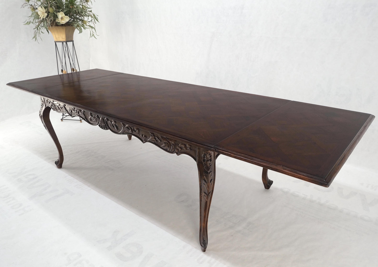 Large French Walnut Refectory Two Leaves Parquetry Carved Top Dining Room Table