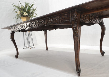 Large French Walnut Refectory Two Leaves Parquetry Carved Top Dining Room Table