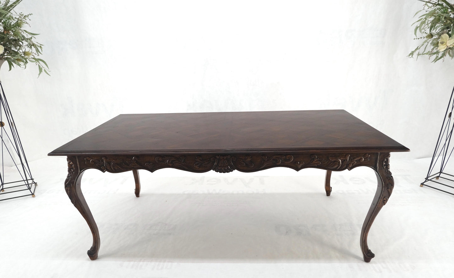 Large French Walnut Refectory Two Leaves Parquetry Carved Top Dining Room Table