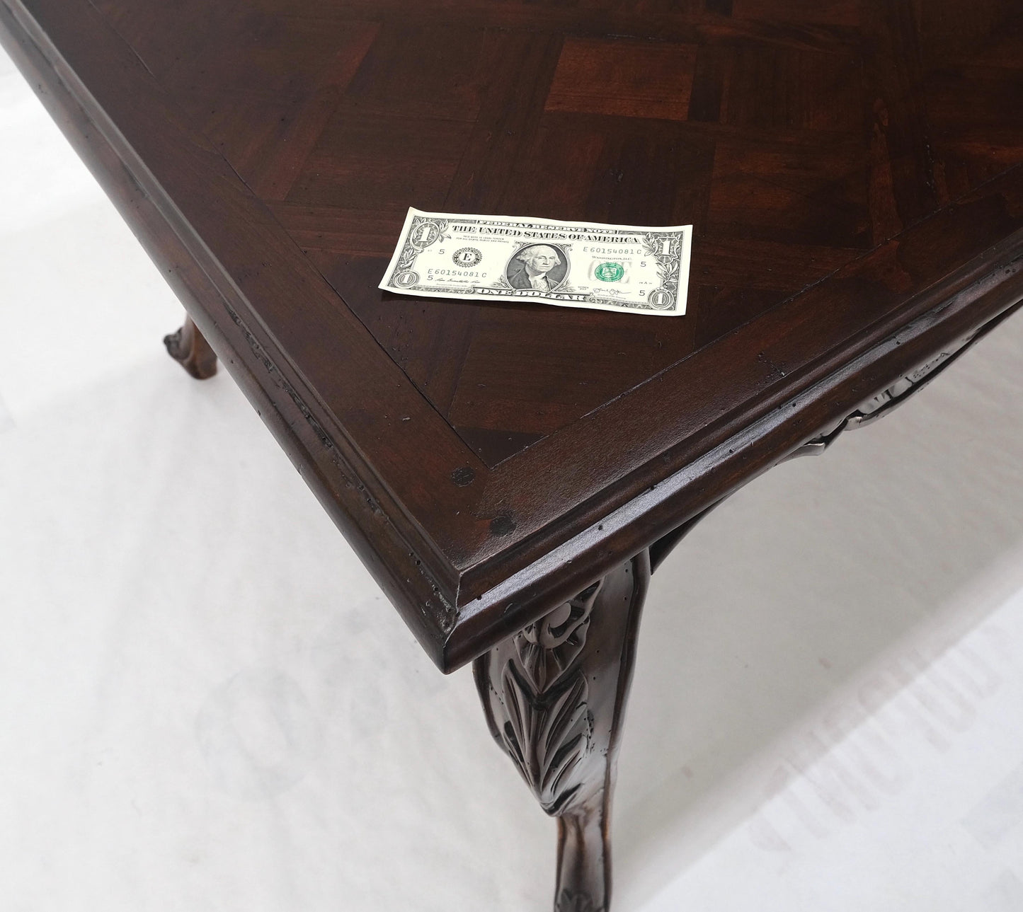 Large French Walnut Refectory Two Leaves Parquetry Carved Top Dining Room Table