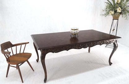 Large French Walnut Refectory Two Leaves Parquetry Carved Top Dining Room Table