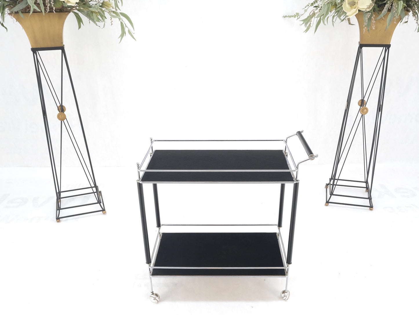 Black Lacquer & Chrome Bauhaus Two Tier Serving Cart on Wheels  c.1940s MINT