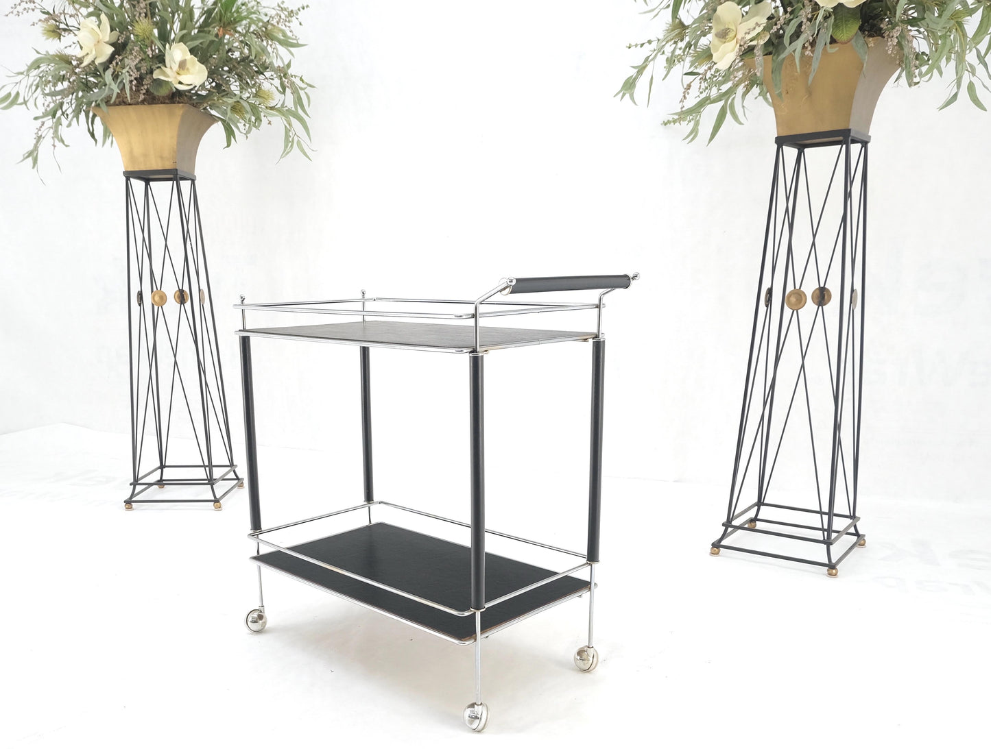 Black Lacquer & Chrome Bauhaus Two Tier Serving Cart on Wheels  c.1940s MINT