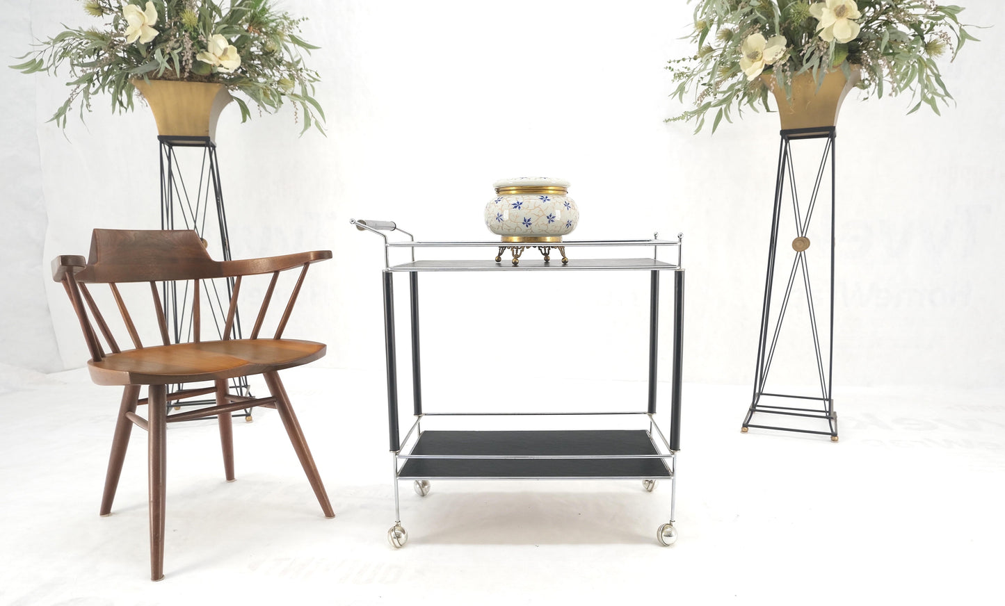 Black Lacquer & Chrome Bauhaus Two Tier Serving Cart on Wheels  c.1940s MINT