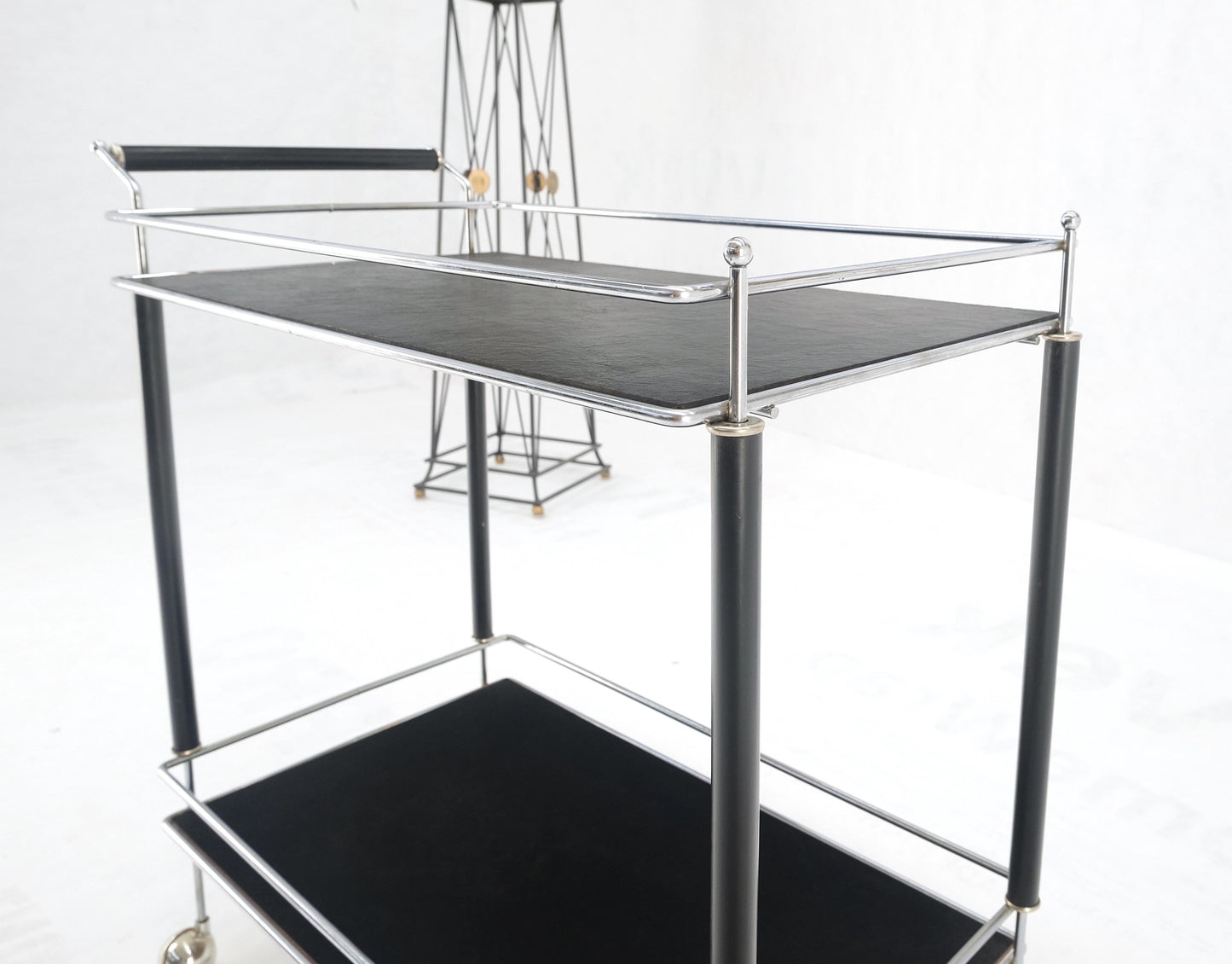 Black Lacquer & Chrome Bauhaus Two Tier Serving Cart on Wheels  c.1940s MINT