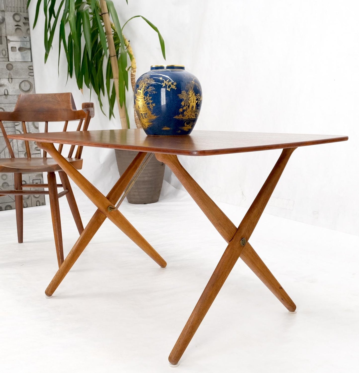 Hans Wegner Danish Mid-Century Modern Teak & Brass X Base Coffee Side Table