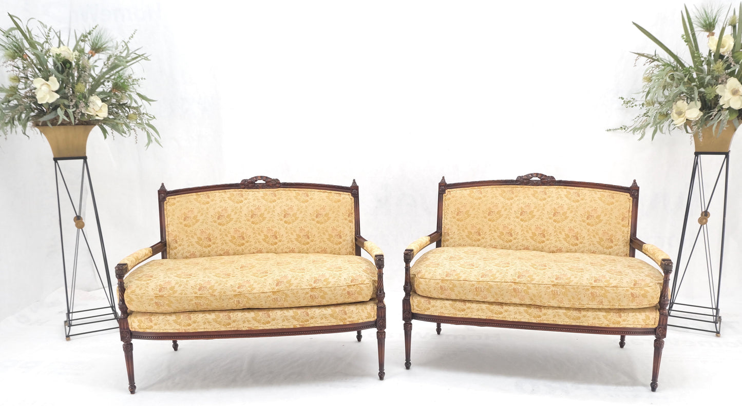 Pair of Antique Quality Carved Walnut & Gold Upholstery Sofas Love Seats MINT!