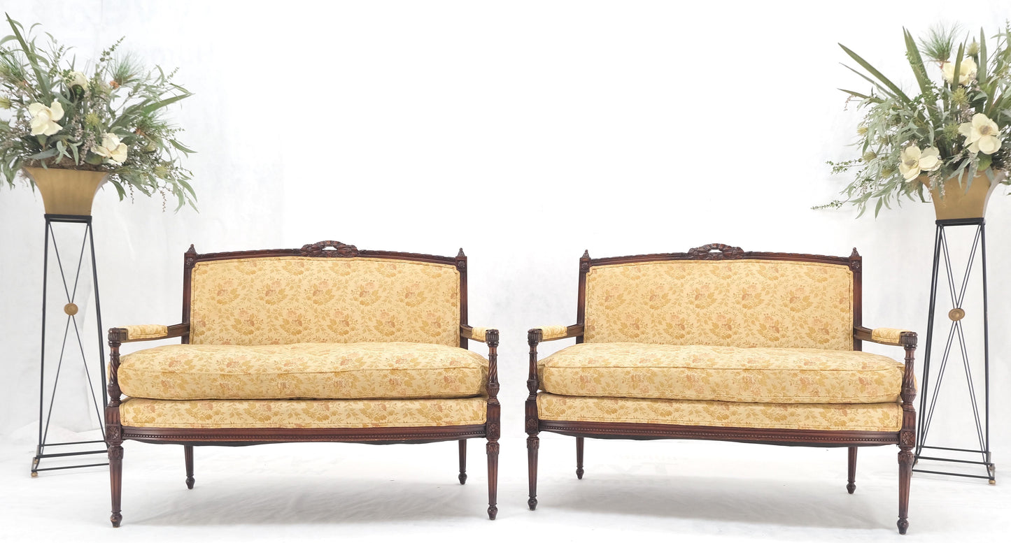 Pair of Antique Quality Carved Walnut & Gold Upholstery Sofas Love Seats MINT!