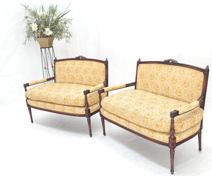 Pair of Antique Quality Carved Walnut & Gold Upholstery Sofas Love Seats MINT!