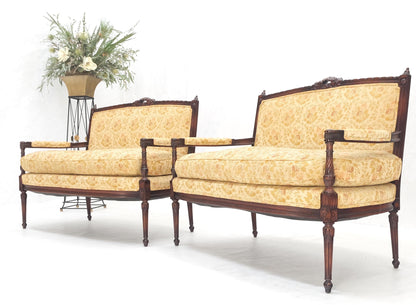 Pair of Antique Quality Carved Walnut & Gold Upholstery Sofas Love Seats MINT!