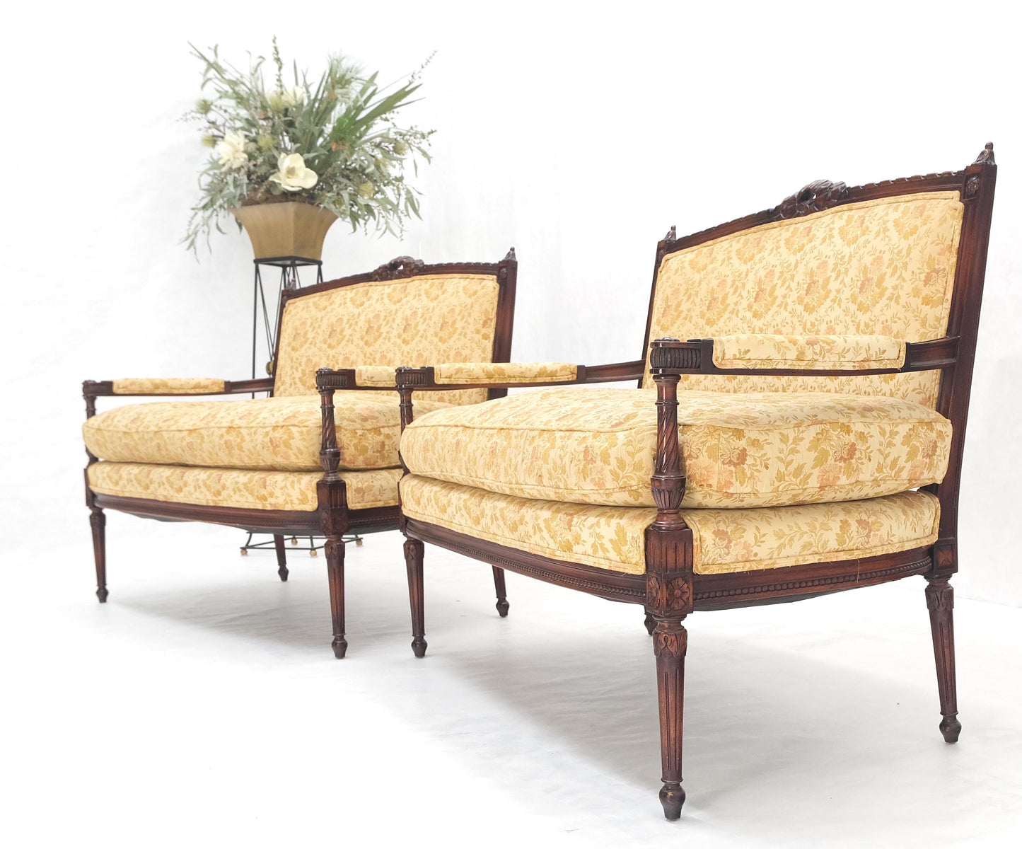 Pair of Antique Quality Carved Walnut & Gold Upholstery Sofas Love Seats MINT!