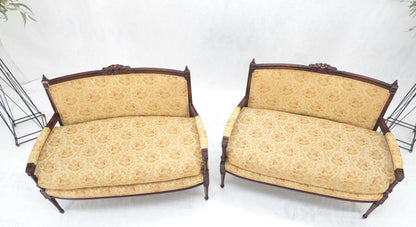 Pair of Antique Quality Carved Walnut & Gold Upholstery Sofas Love Seats MINT!