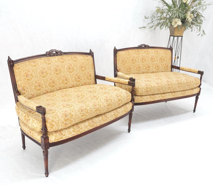 Pair of Antique Quality Carved Walnut & Gold Upholstery Sofas Love Seats MINT!