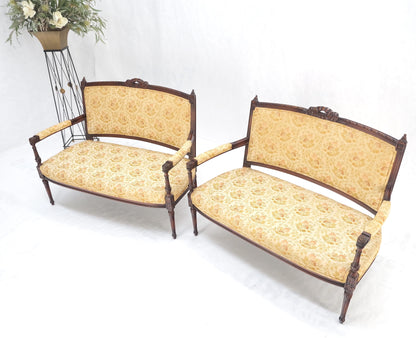 Pair of Antique Quality Carved Walnut & Gold Upholstery Sofas Love Seats MINT!