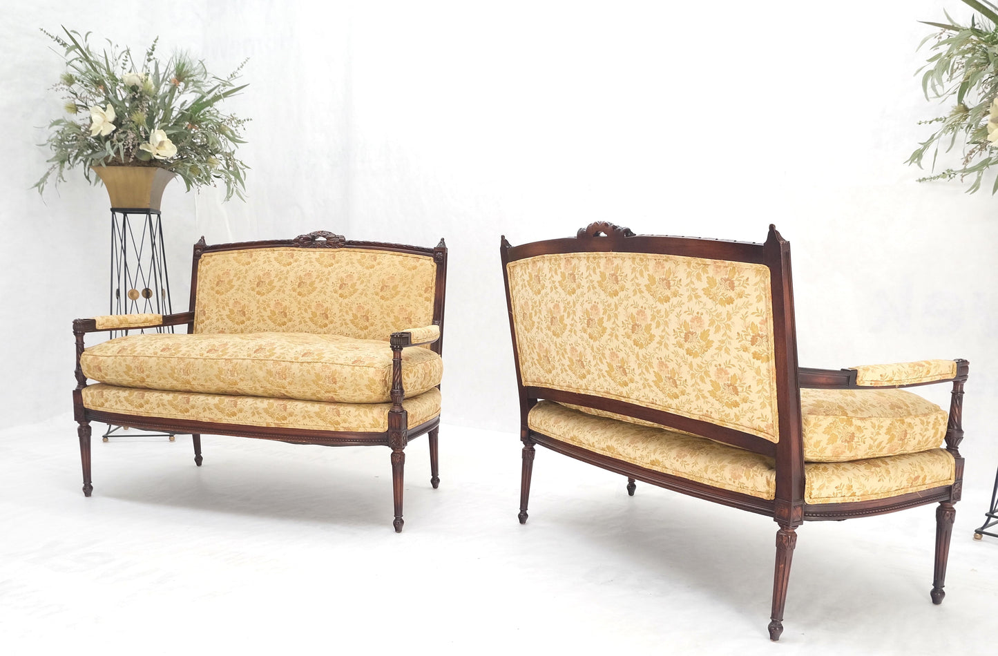 Pair of Antique Quality Carved Walnut & Gold Upholstery Sofas Love Seats MINT!