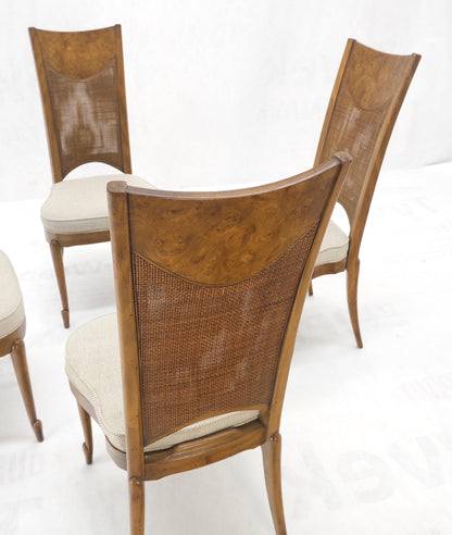 Set 4 Burl Wood Cane Back NEW Upholstery Dining Chairs Mid Century Modern MINT!