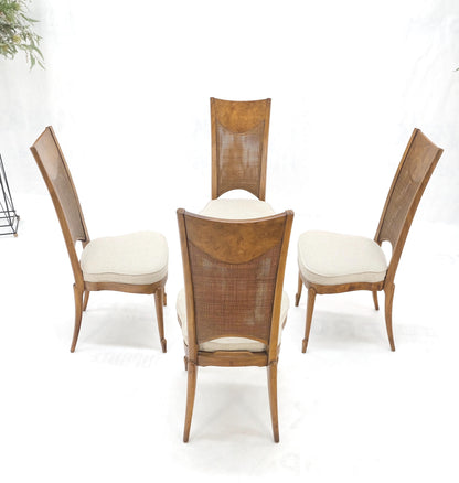 Set 4 Burl Wood Cane Back NEW Upholstery Dining Chairs Mid Century Modern MINT!